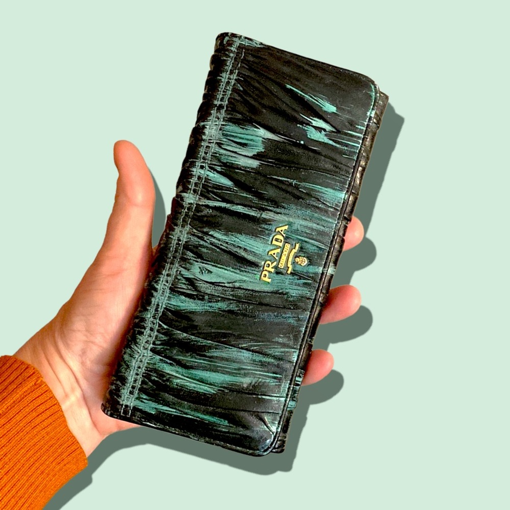 Prada Nappa Gaufre' Leather Wallet snap closure black teal gold CLEARANCE - Picture 2 of 3